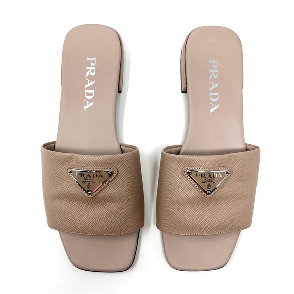 Prada Shoes - Prada Beige Nude Tan Saffiano Leather Triangle Logo Flat Slides Sandals 37 7